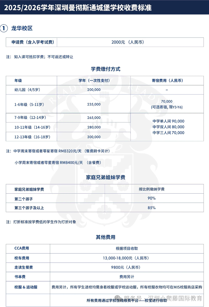 2025/2026學年深圳曼徹斯通城堡學校MIS（龍華校區) ?收費標準
